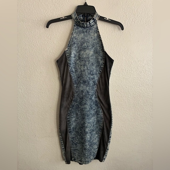 Vibrant MIU Y2K Bodycon Acid Wash Side Contrast Denim Dress S - Picture 7 of 16